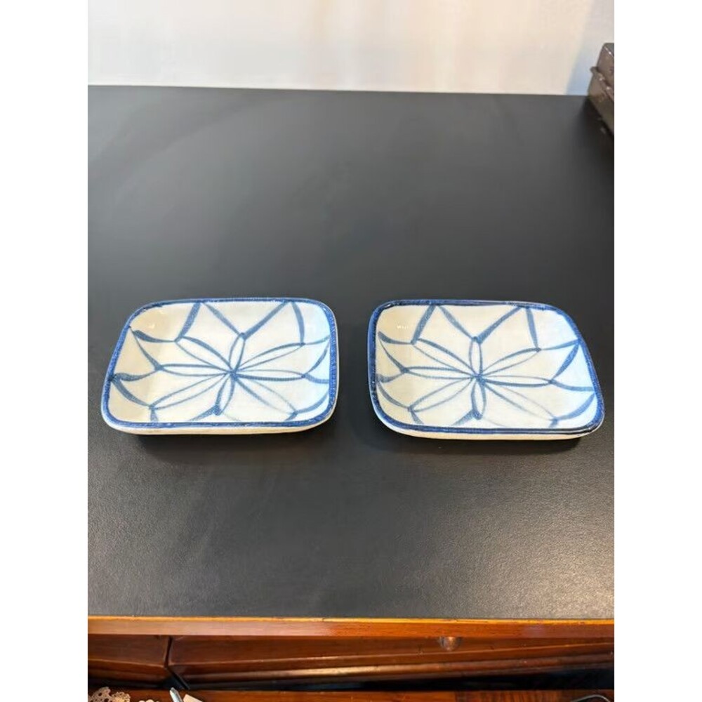 Japanese Blue White Square Dishes Pair Geometric Leaf Hand Painted Porcelain
